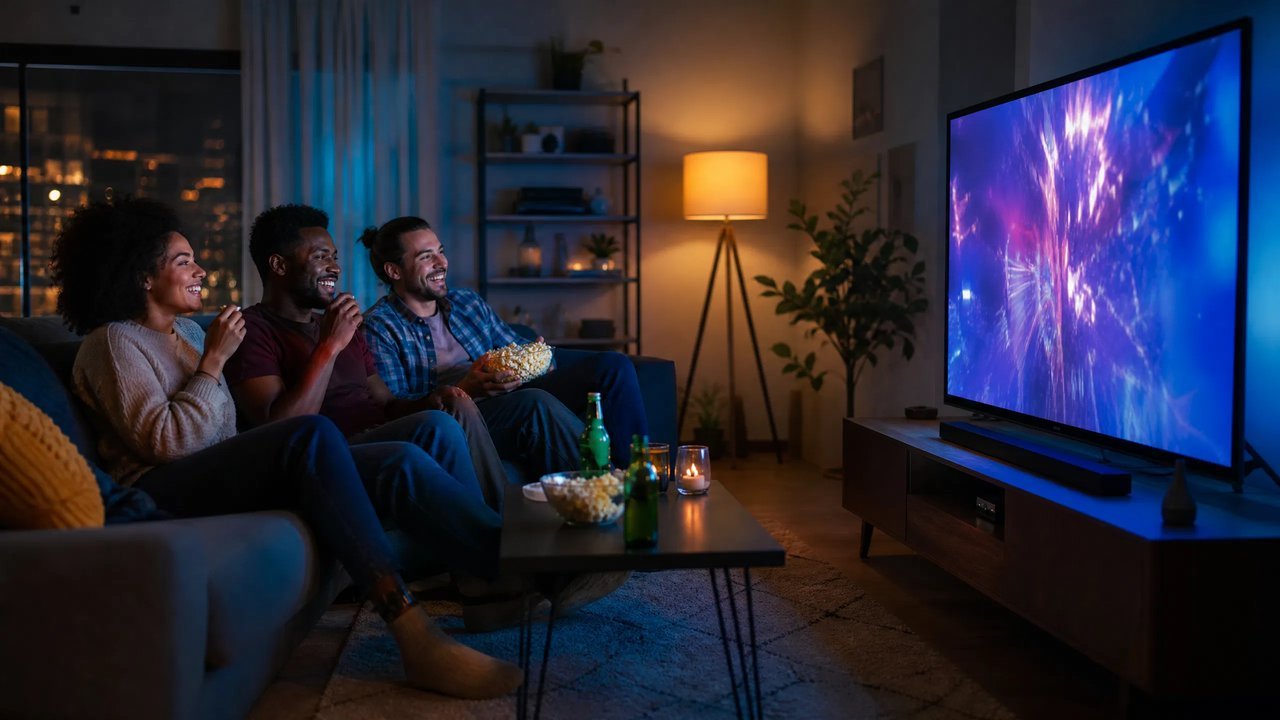 Família assistindo TV em casa com IPTV